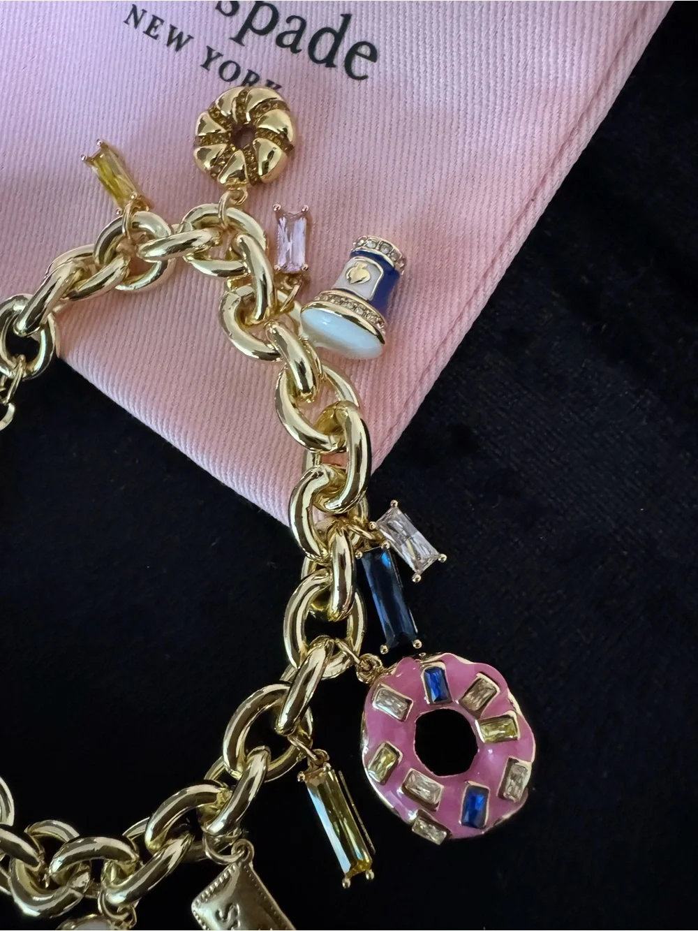 Kate Spade Gold Charm Bracelet with Pink & White Donut Charms